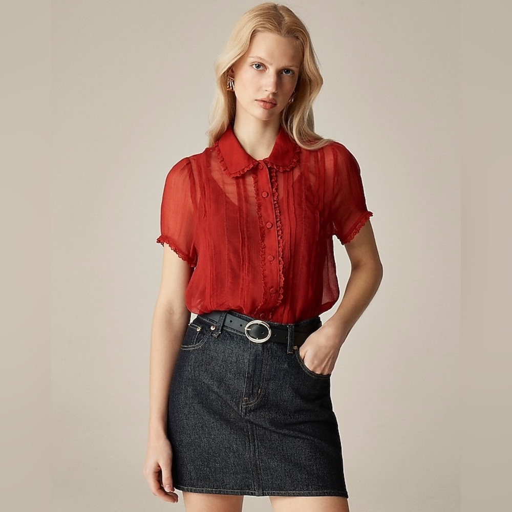 J.Crew Sheer lace-trim button-up shirt in red size 0 NWT